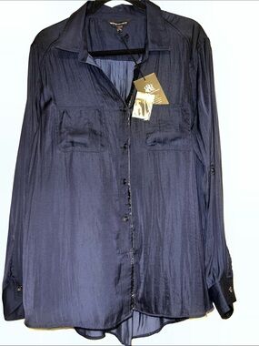NWT- Rock & Republic Navy Satin Blouse Size XL